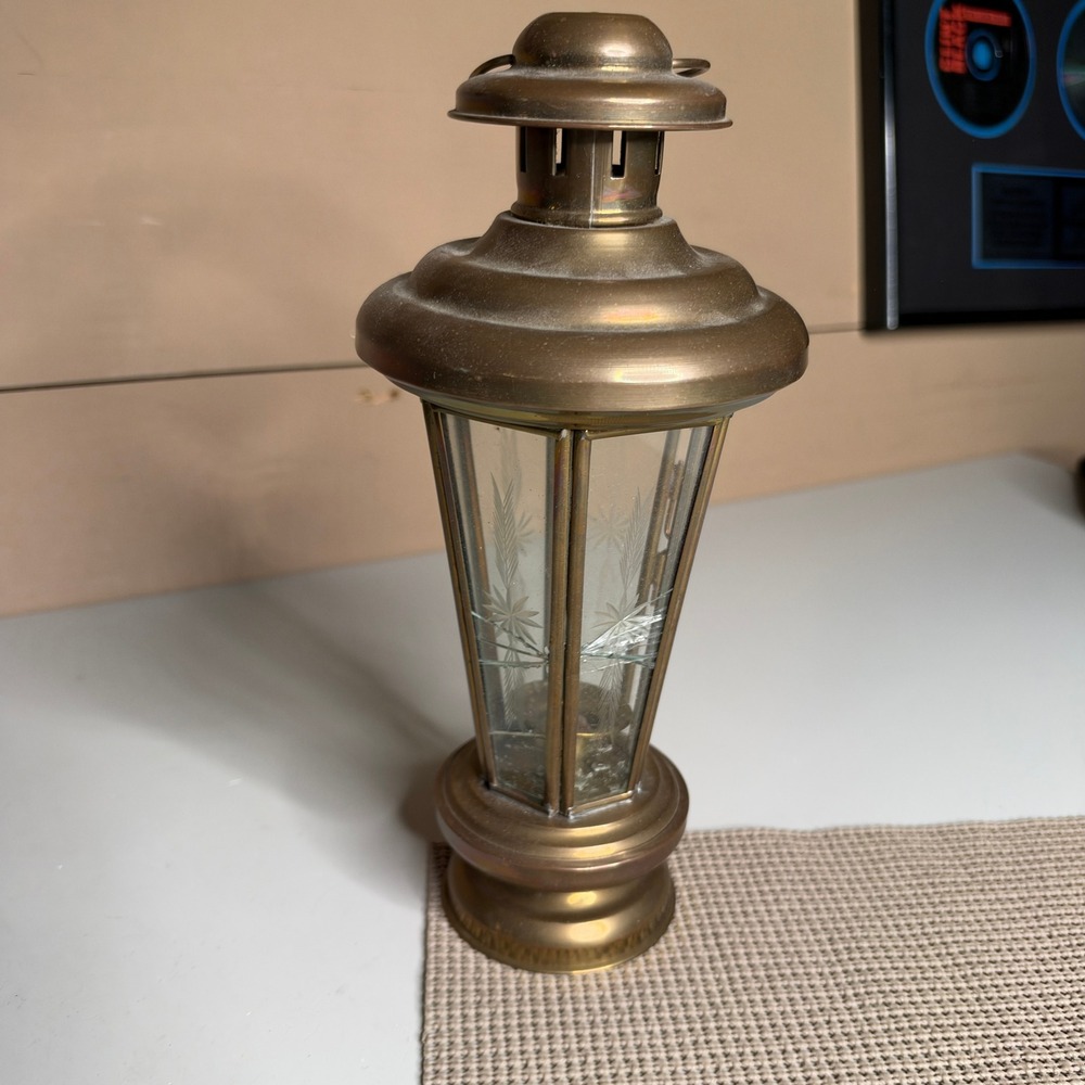 Vintage Brass Etched Glass Candle Lantern Starburst Wheat Tapered 12 Inch